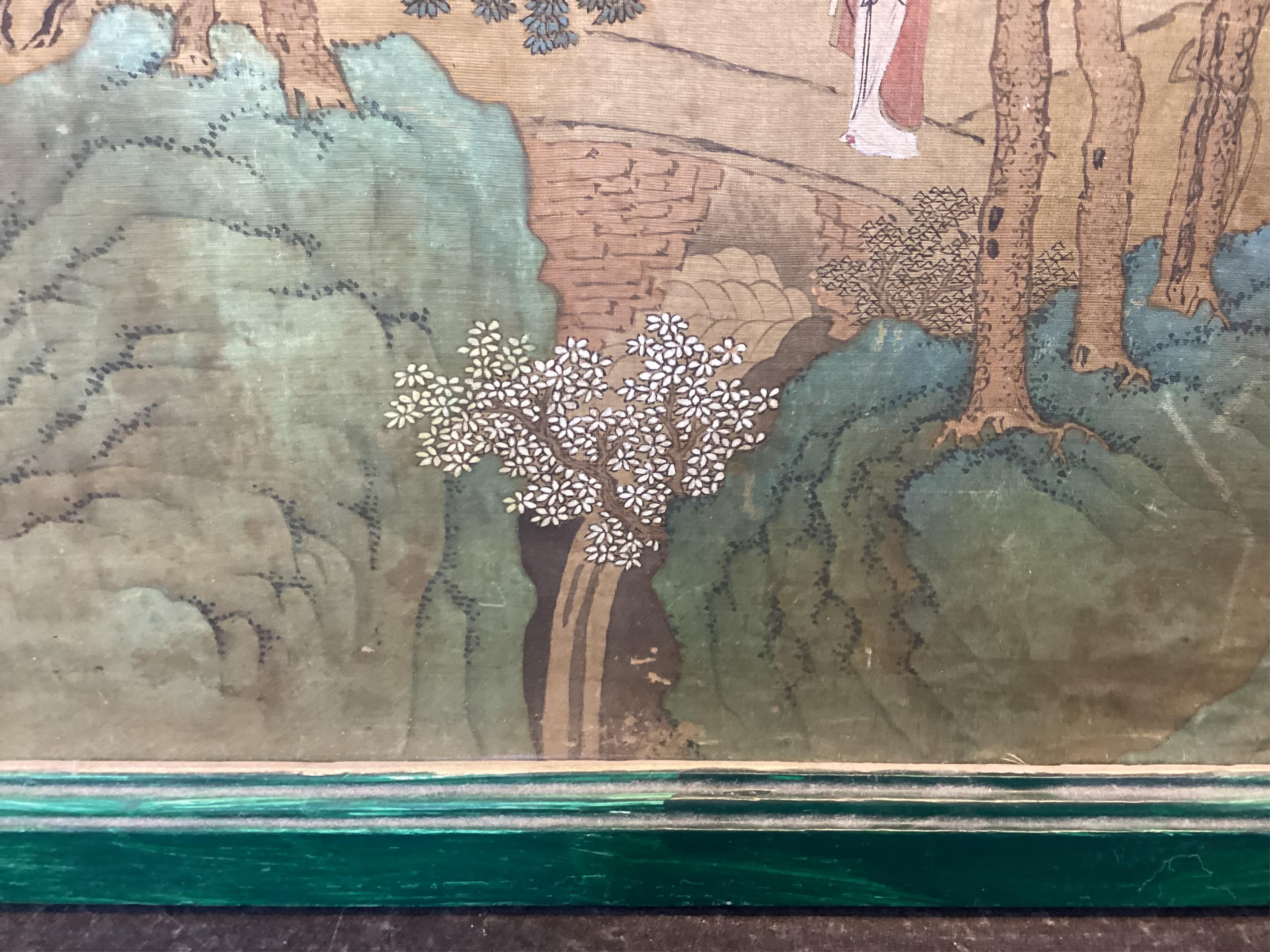 Chinese School , 17th century or earlier, Scholars in a mountainous river landscape scene with pavilions, Ink and colour on silk, incomplete clerical script signature, 54cm x 290cm